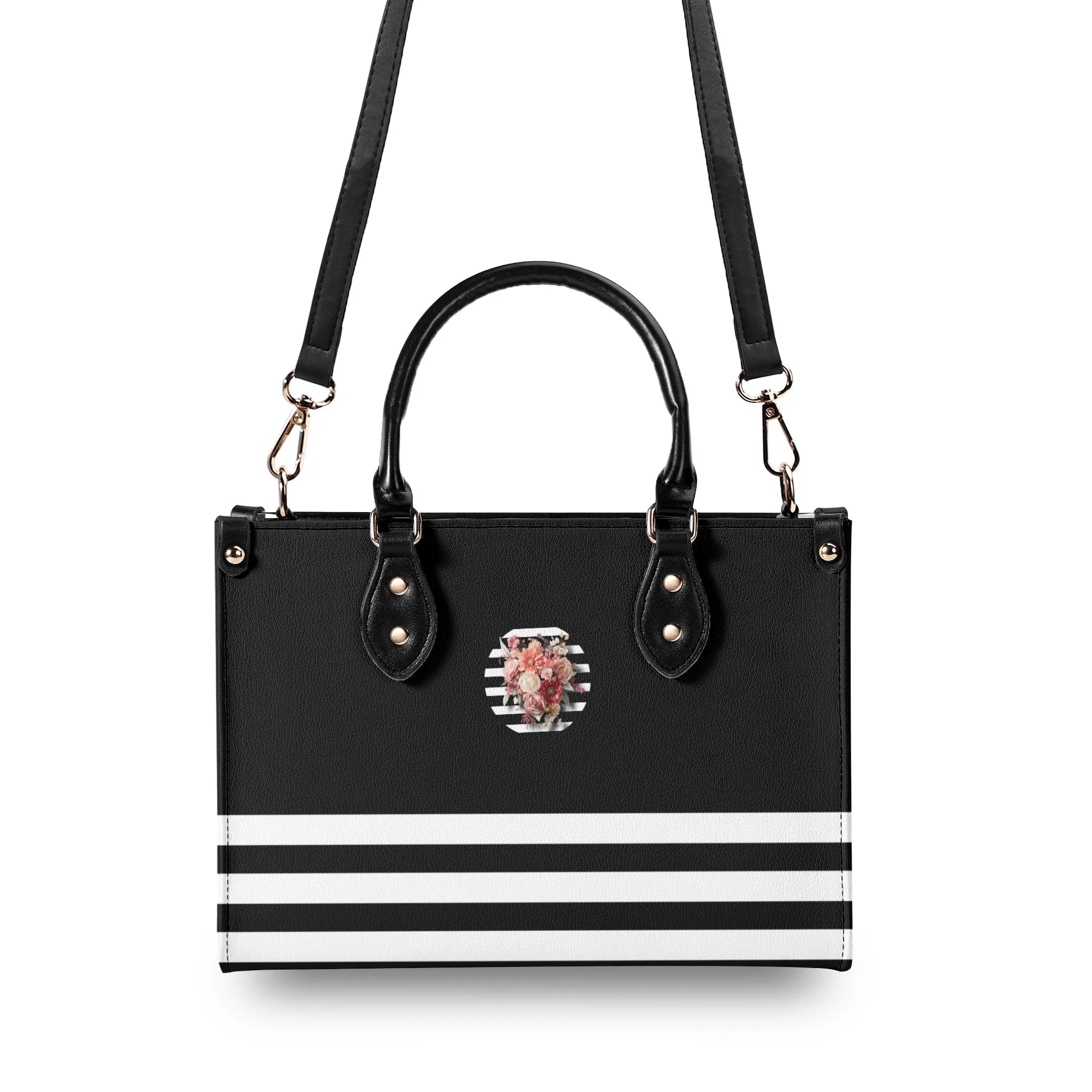 Black & White Vertically Striped Floral Graphic Luxury Women PU Leather Handbag