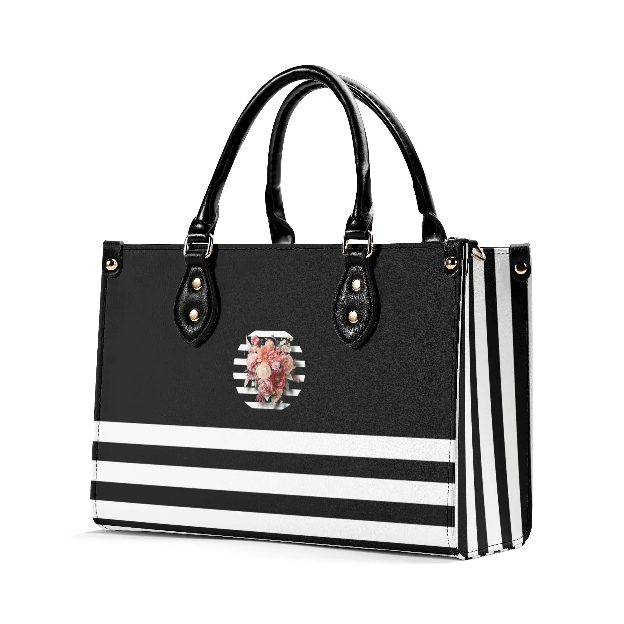 Black & White Vertically Striped Floral Graphic Luxury Women PU Leather Handbag