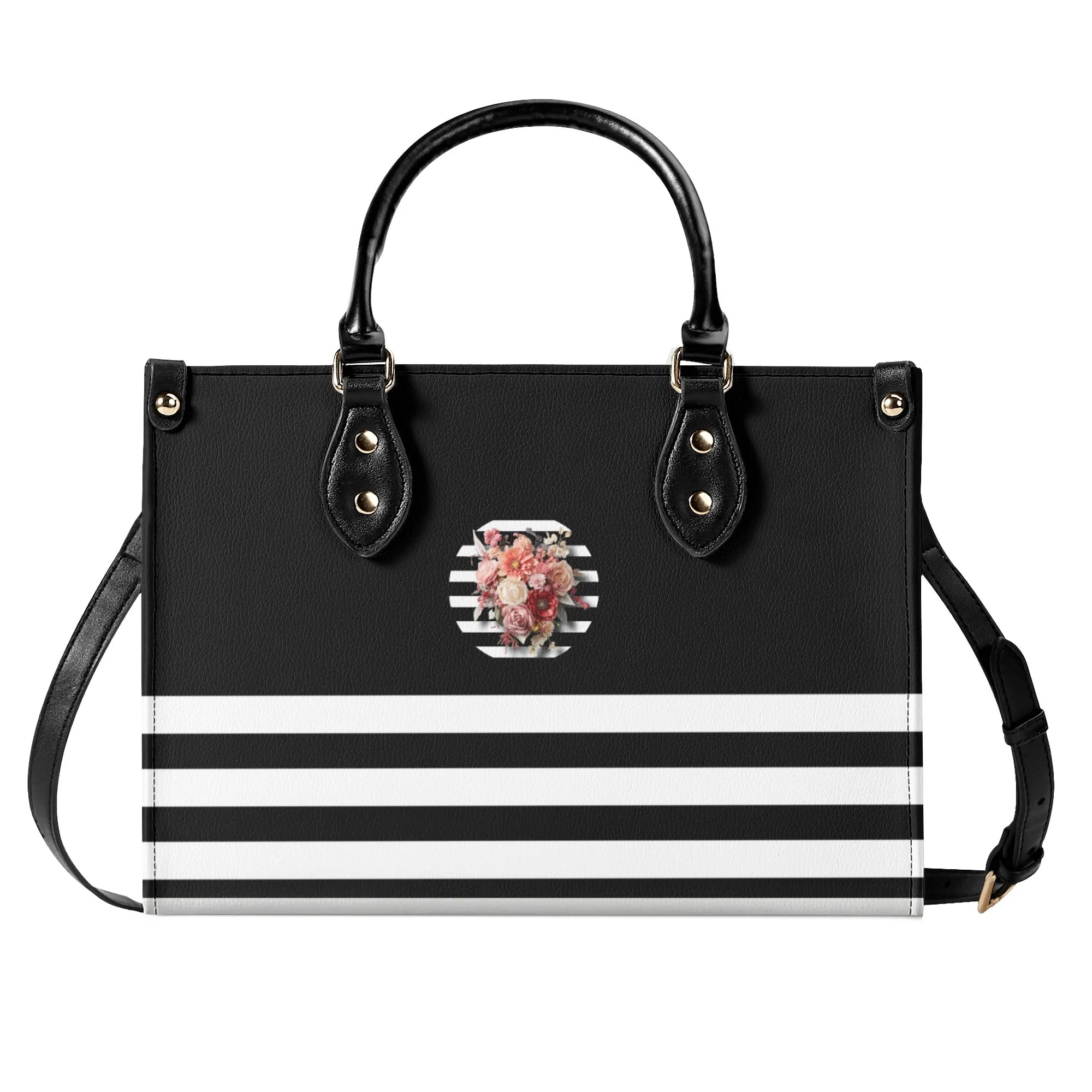 Black & White Vertically Striped Floral Graphic Luxury Women PU Leather Handbag
