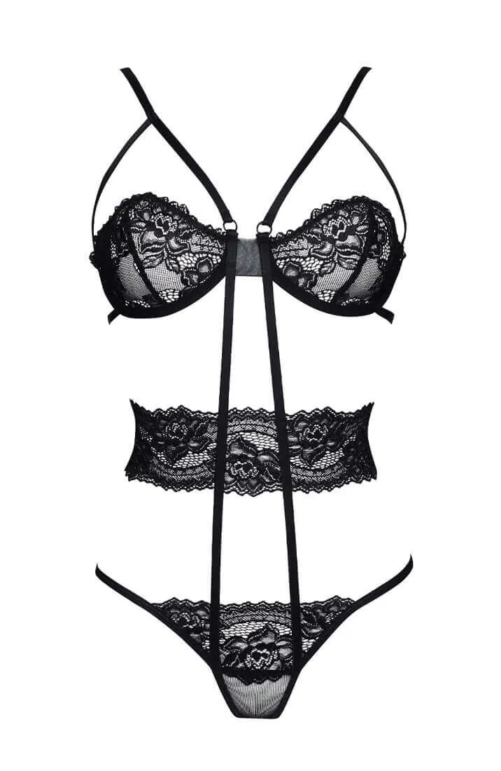 Black cage-strap X lace teddy - Noele
