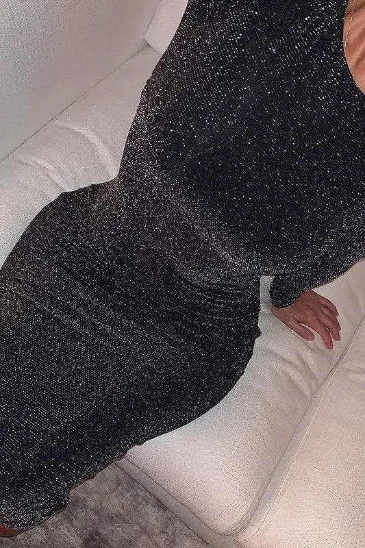 Black Glitter Long-Sleeve Midi Dress | Sleek & Sparkling | Effortless Elegance