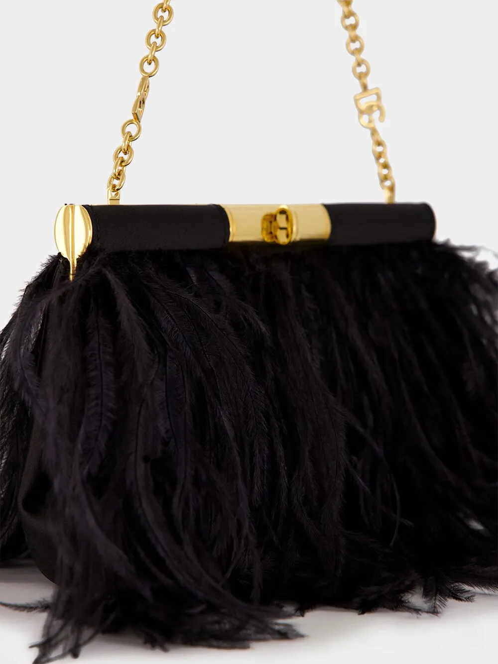 Black Medium Marlene Satin Shoulder Bag with Ostrich Feathers
