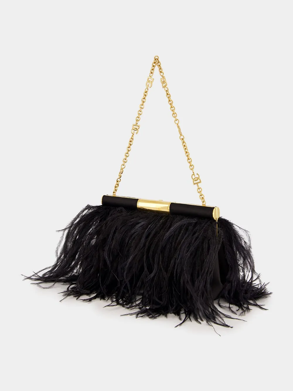 Black Medium Marlene Satin Shoulder Bag with Ostrich Feathers