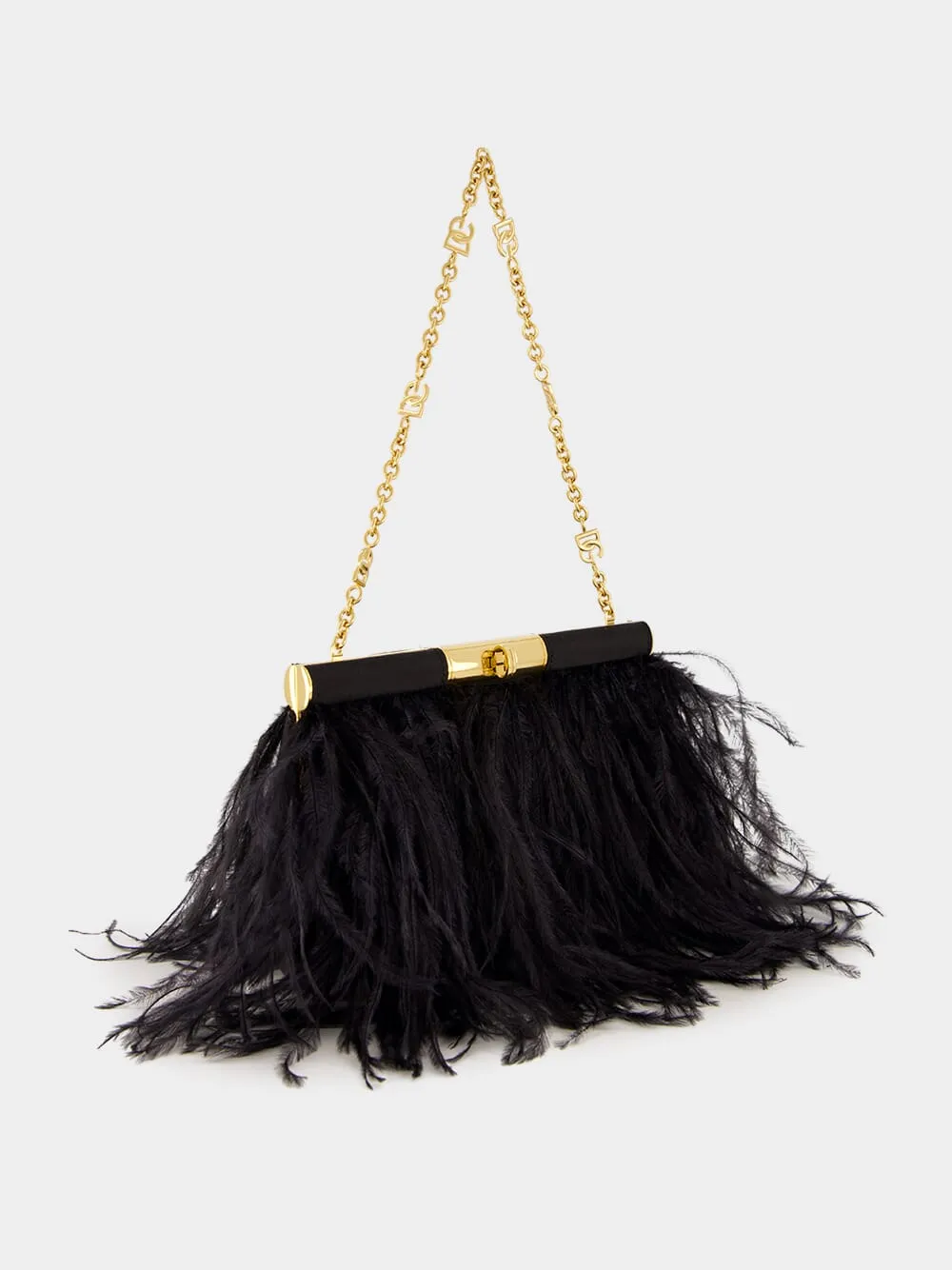 Black Medium Marlene Satin Shoulder Bag with Ostrich Feathers