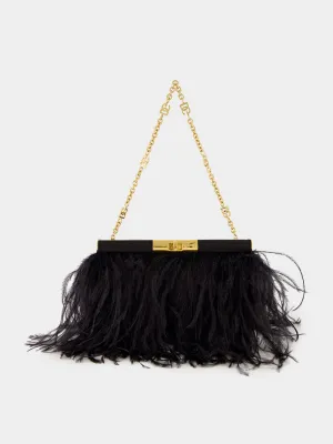 Black Medium Marlene Satin Shoulder Bag with Ostrich Feathers