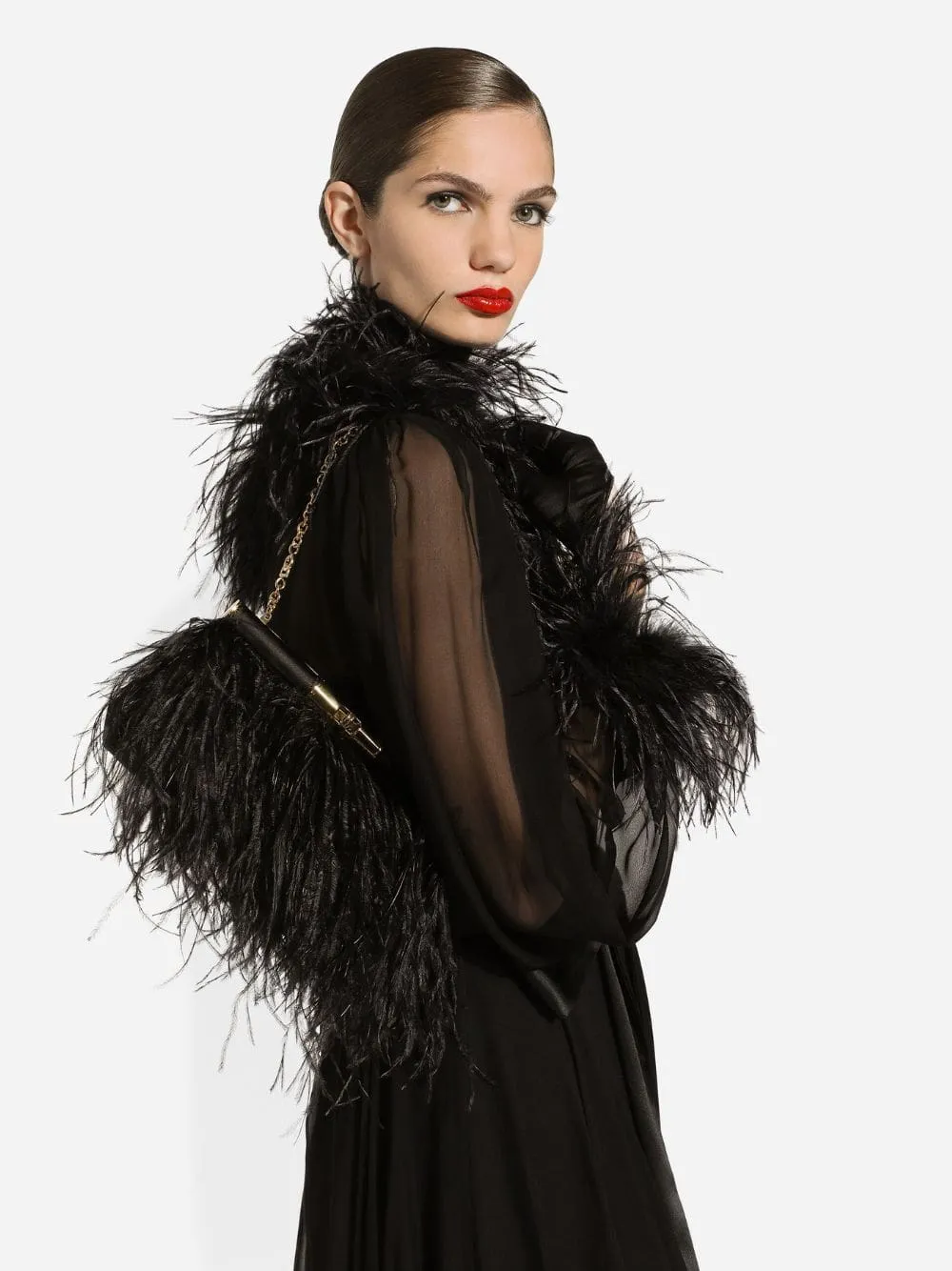 Black Medium Marlene Satin Shoulder Bag with Ostrich Feathers