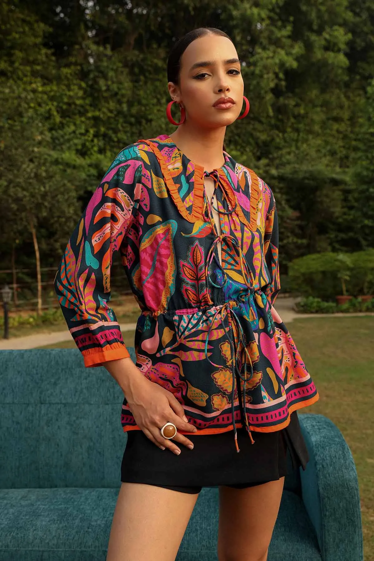 Black Palm Tropical Printed Top