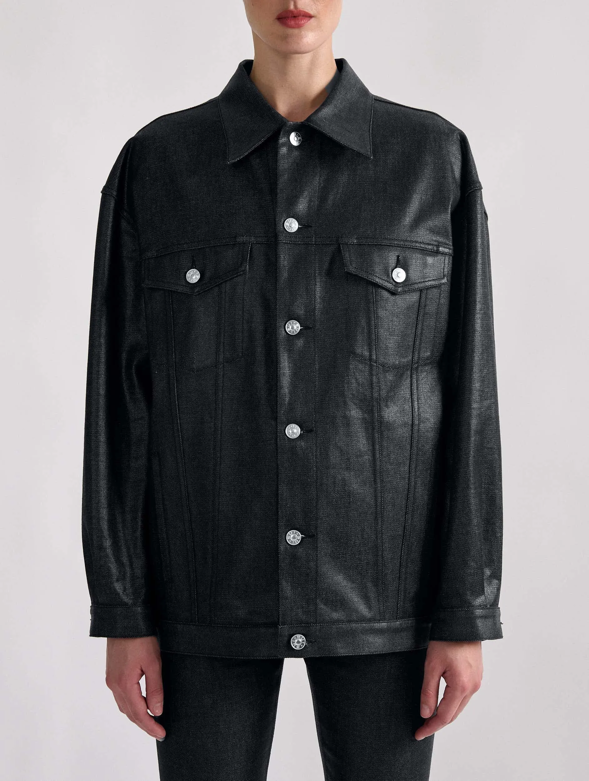 Black resined denim oversized jacket