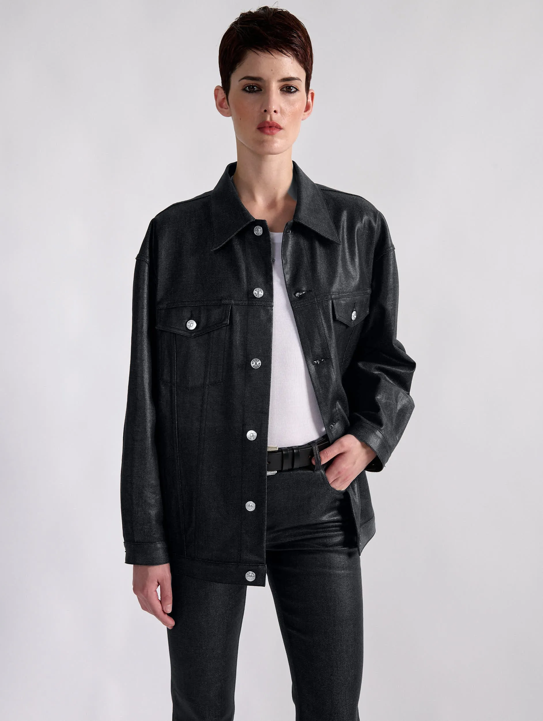 Black resined denim oversized jacket
