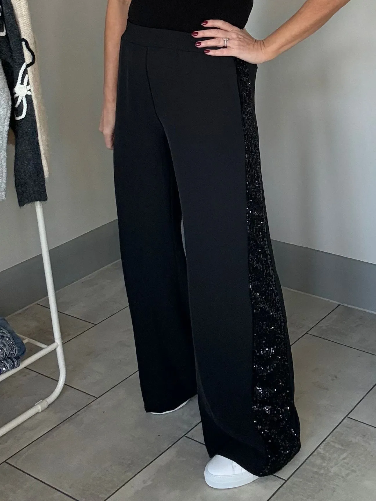 Black Sequin Stripe Wide Leg Trousers
