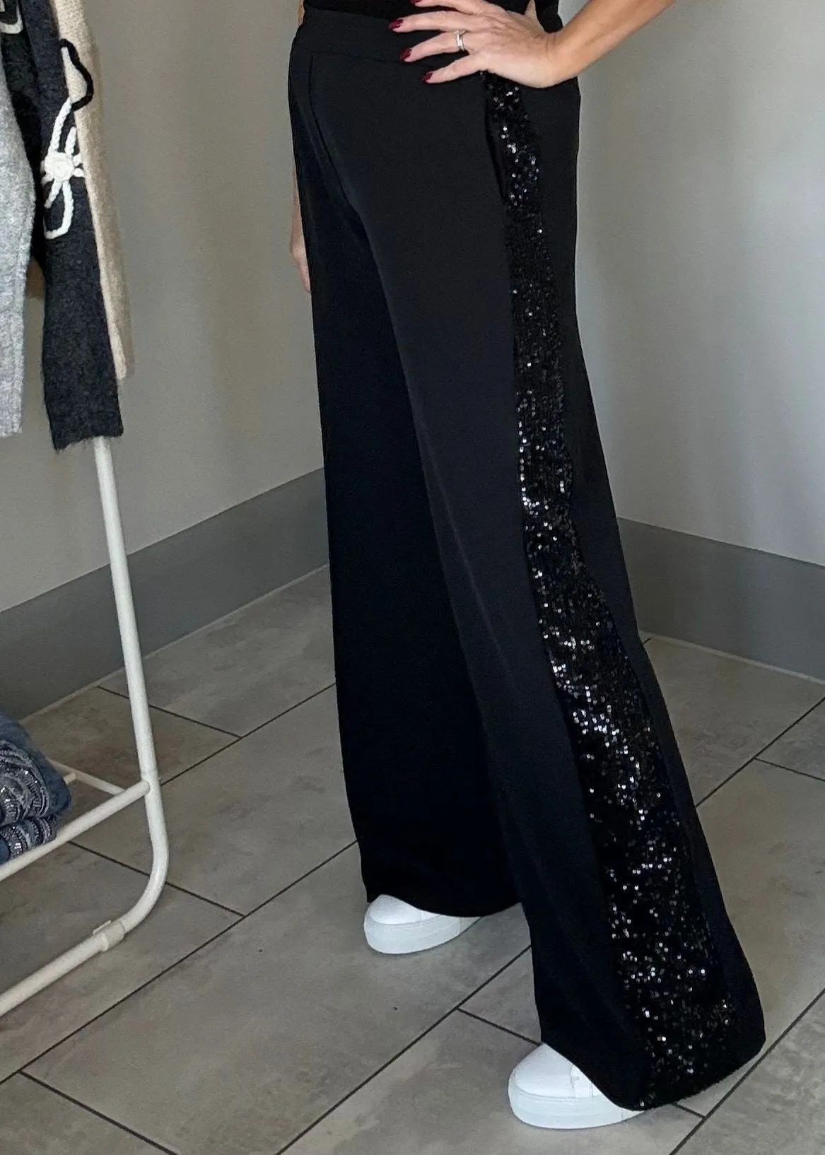 Black Sequin Stripe Wide Leg Trousers