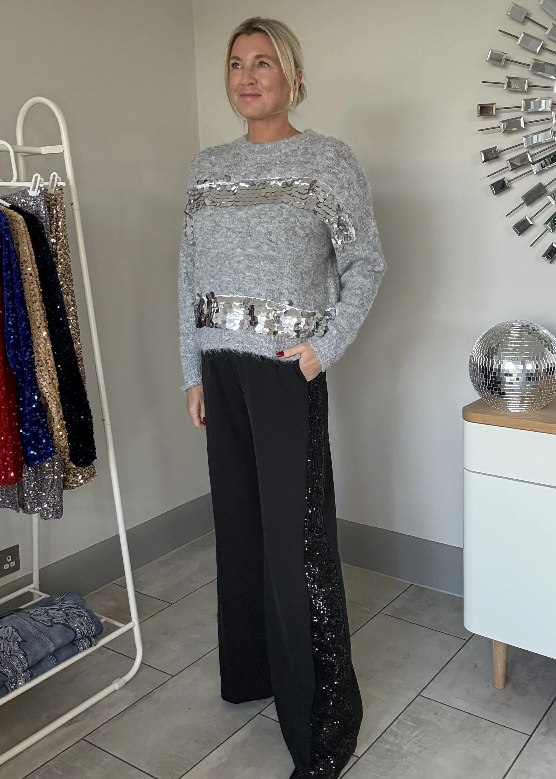 Black Sequin Stripe Wide Leg Trousers