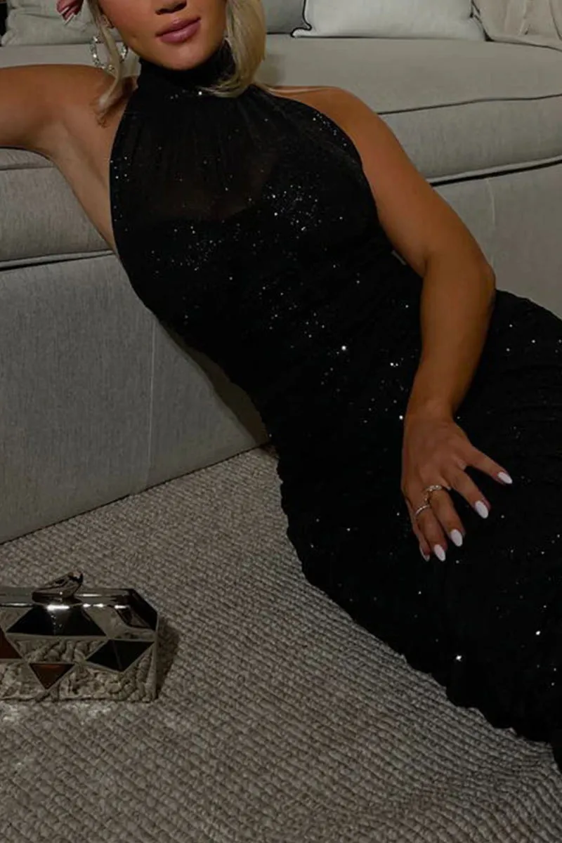 BM0516 Glitter Halter Long Dress