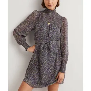 BODEN Smocked Yoke Floral Metallic Tie Waist Long Sleeve Mock Neck Dress 8