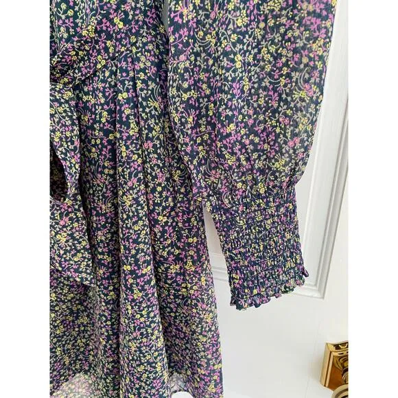 BODEN Smocked Yoke Floral Metallic Tie Waist Long Sleeve Mock Neck Dress 8