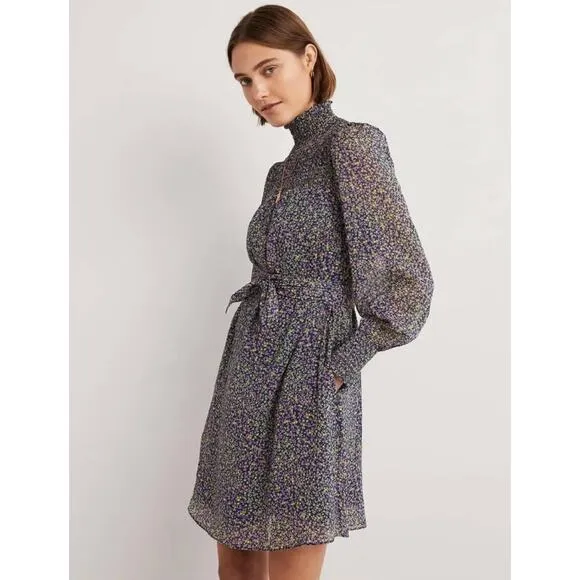 BODEN Smocked Yoke Floral Metallic Tie Waist Long Sleeve Mock Neck Dress 8