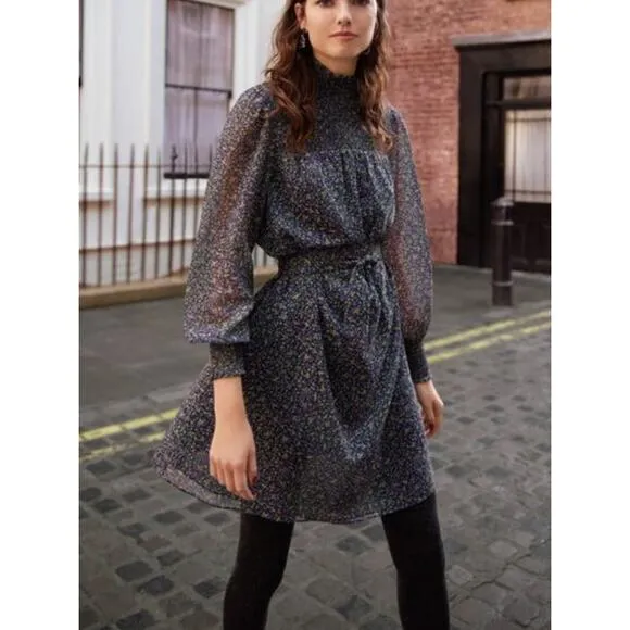 BODEN Smocked Yoke Floral Metallic Tie Waist Long Sleeve Mock Neck Dress 8