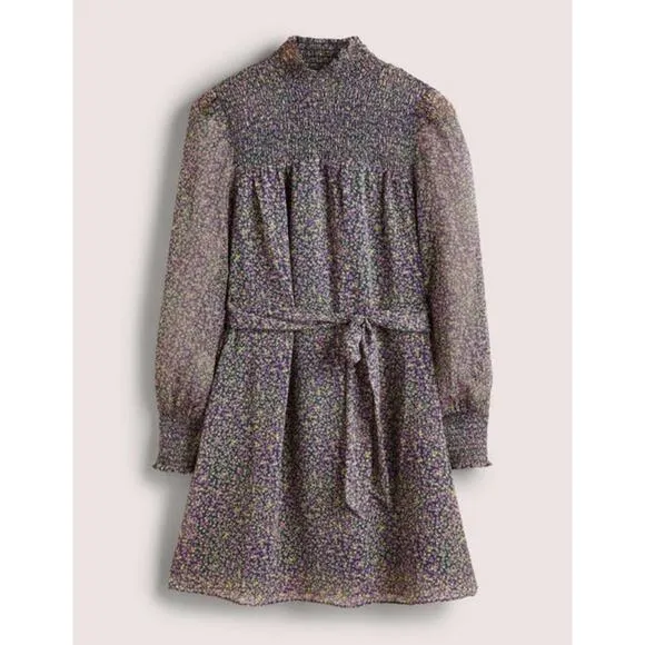 BODEN Smocked Yoke Floral Metallic Tie Waist Long Sleeve Mock Neck Dress 8