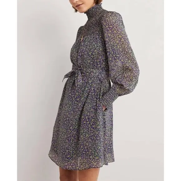 BODEN Smocked Yoke Floral Metallic Tie Waist Long Sleeve Mock Neck Dress 8