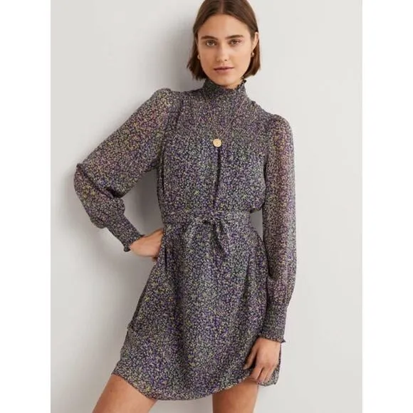 BODEN Smocked Yoke Floral Metallic Tie Waist Long Sleeve Mock Neck Dress 8