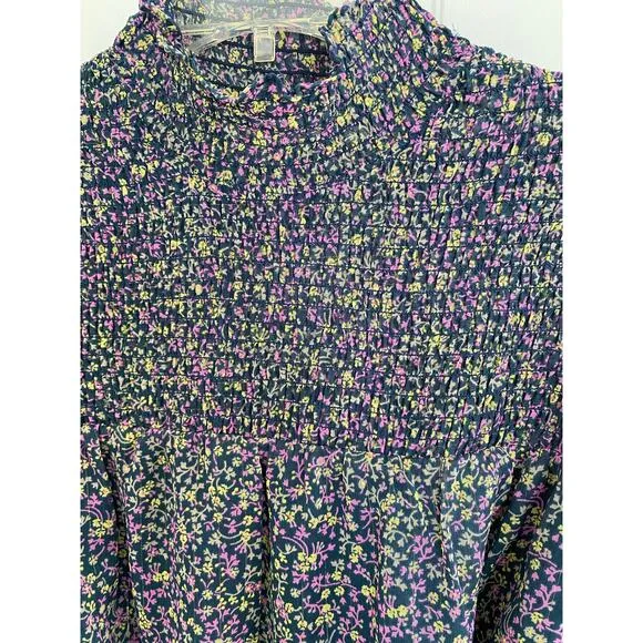 BODEN Smocked Yoke Floral Metallic Tie Waist Long Sleeve Mock Neck Dress 8