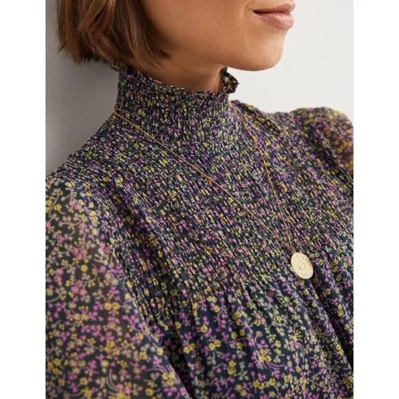 BODEN Smocked Yoke Floral Metallic Tie Waist Long Sleeve Mock Neck Dress 8