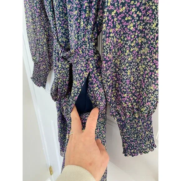BODEN Smocked Yoke Floral Metallic Tie Waist Long Sleeve Mock Neck Dress 8