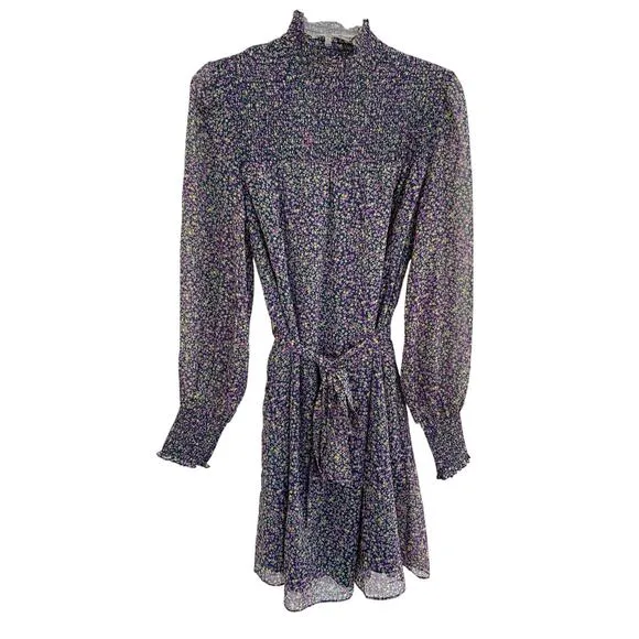 BODEN Smocked Yoke Floral Metallic Tie Waist Long Sleeve Mock Neck Dress 8