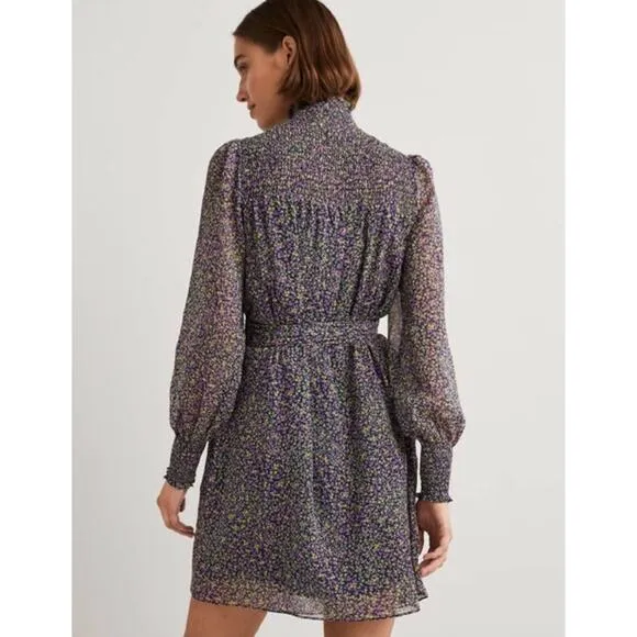 BODEN Smocked Yoke Floral Metallic Tie Waist Long Sleeve Mock Neck Dress 8