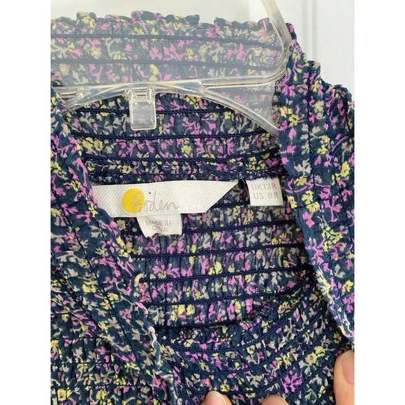 BODEN Smocked Yoke Floral Metallic Tie Waist Long Sleeve Mock Neck Dress 8