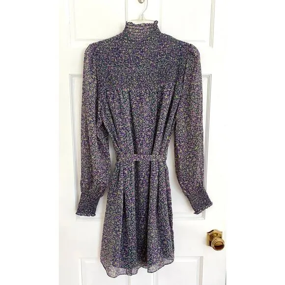 BODEN Smocked Yoke Floral Metallic Tie Waist Long Sleeve Mock Neck Dress 8