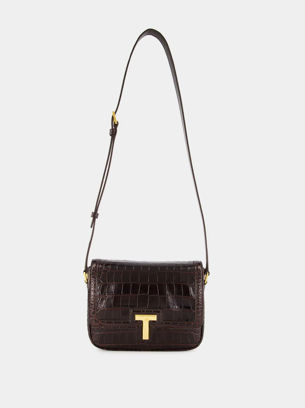 Brown Crocodile-Stamped Wallis Shoulder Bag
