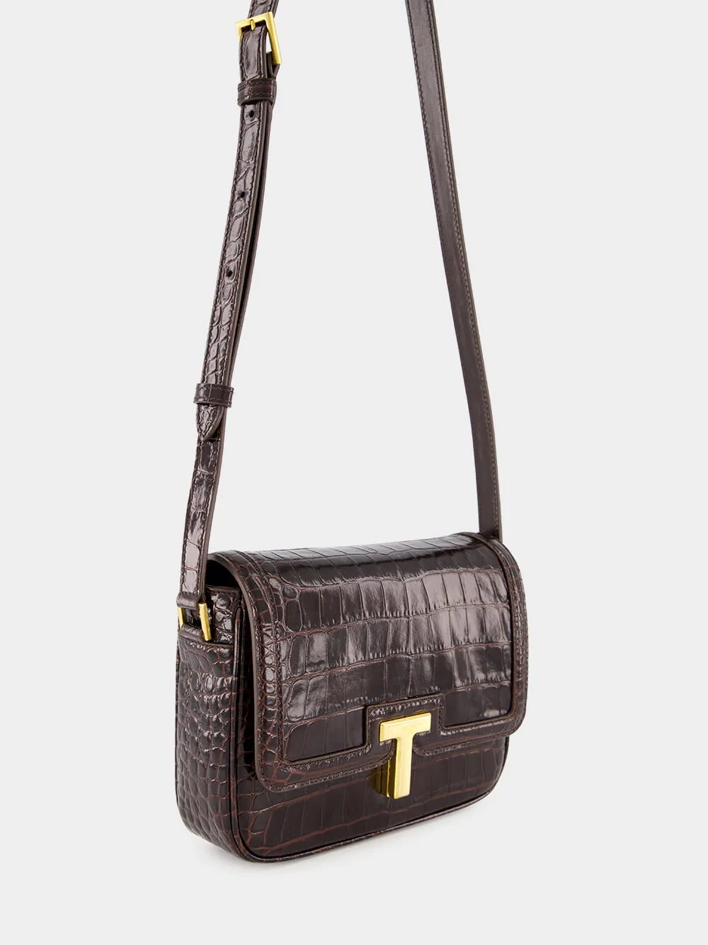 Brown Crocodile-Stamped Wallis Shoulder Bag