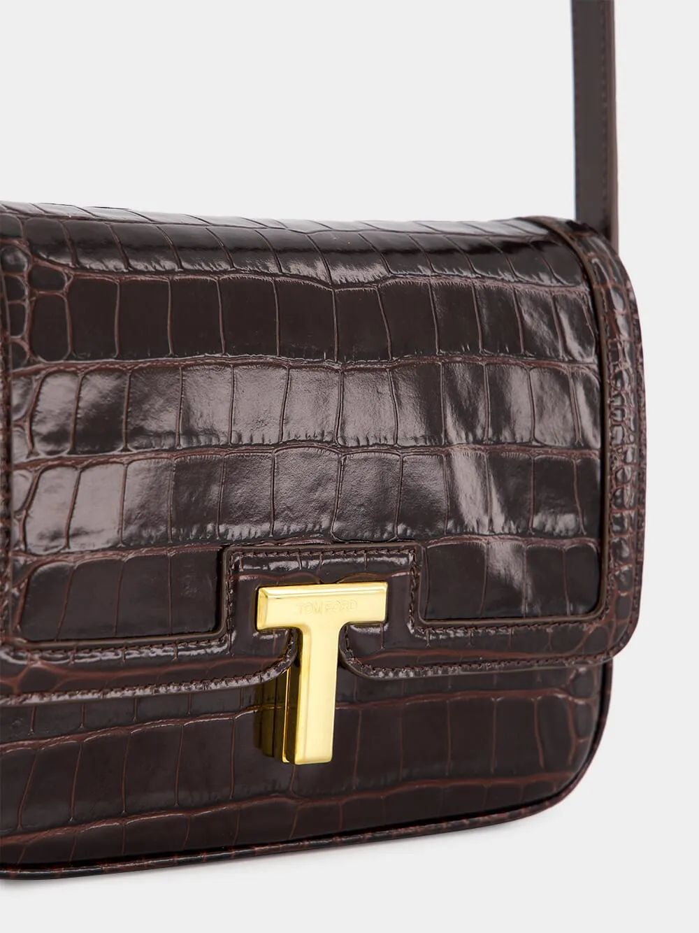 Brown Crocodile-Stamped Wallis Shoulder Bag