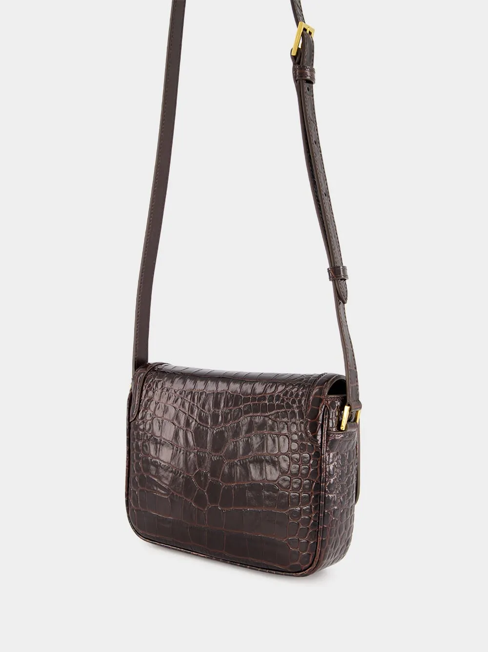 Brown Crocodile-Stamped Wallis Shoulder Bag