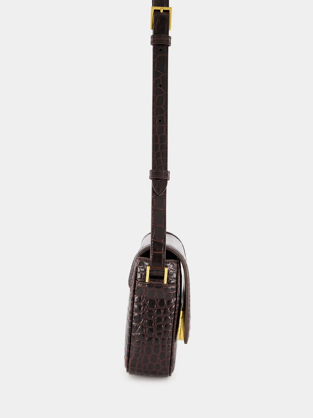 Brown Crocodile-Stamped Wallis Shoulder Bag