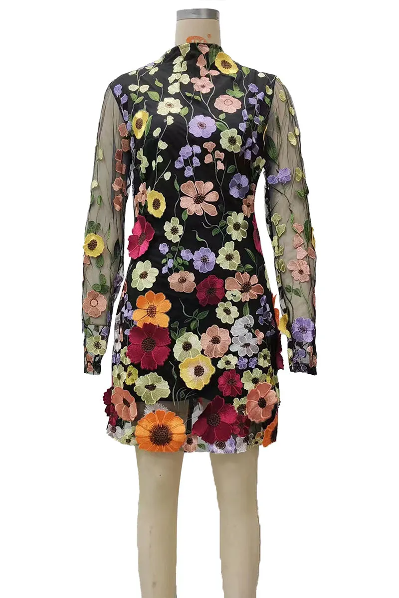 BT3050 Flower Embroidery Mini Dress