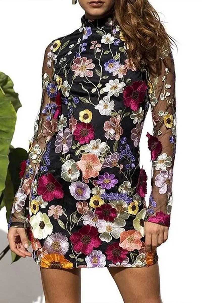BT3050 Flower Embroidery Mini Dress