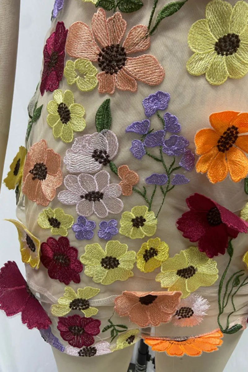 BT3056 Flower Embroidery Mini Dress