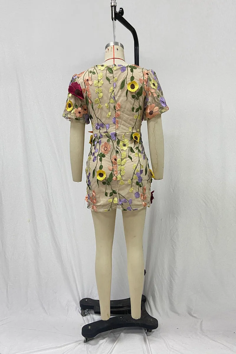 BT3056 Flower Embroidery Mini Dress