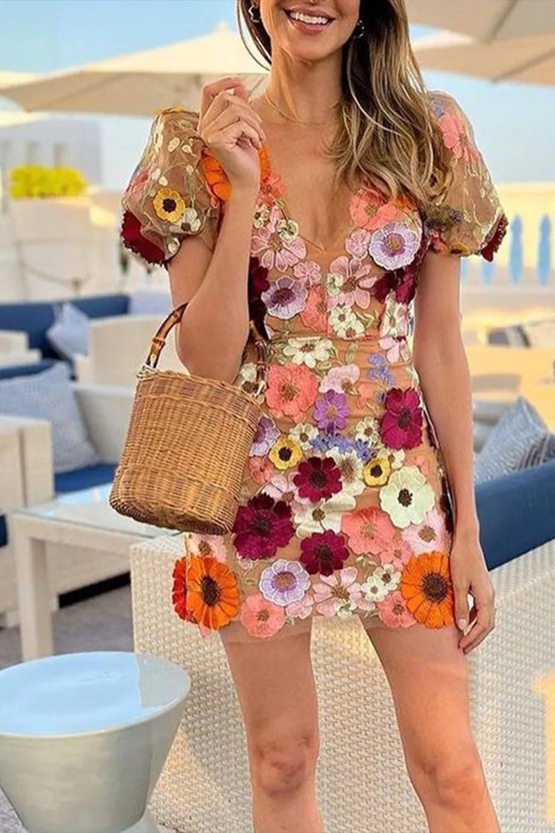 BT3056 Flower Embroidery Mini Dress
