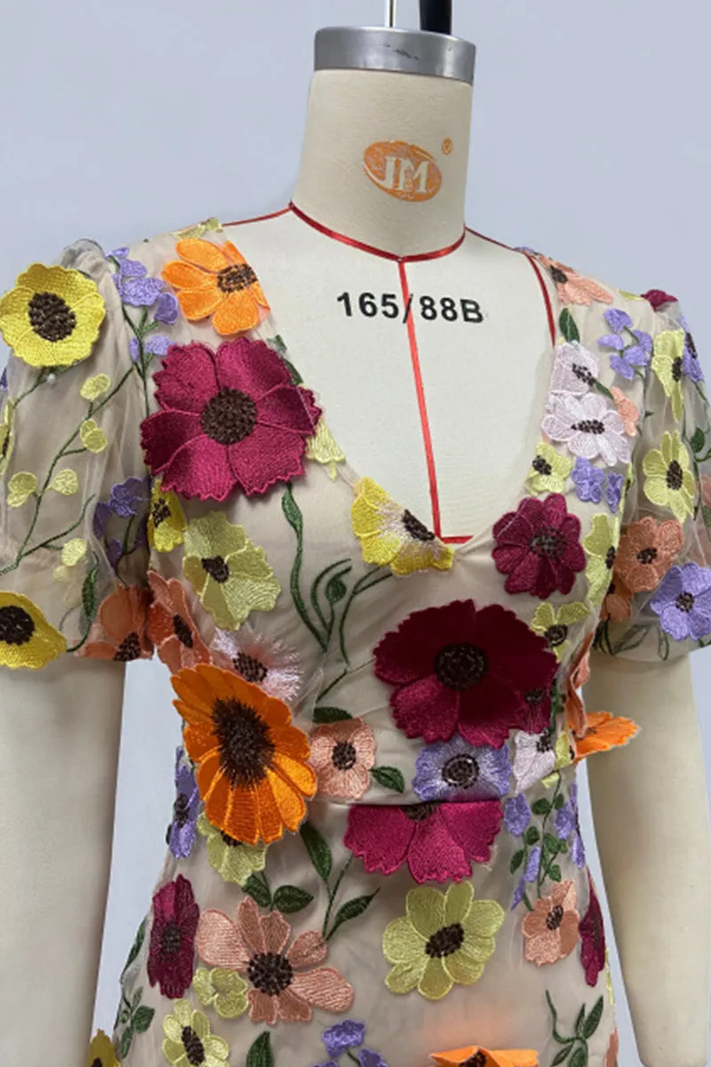 BT3056 Flower Embroidery Mini Dress