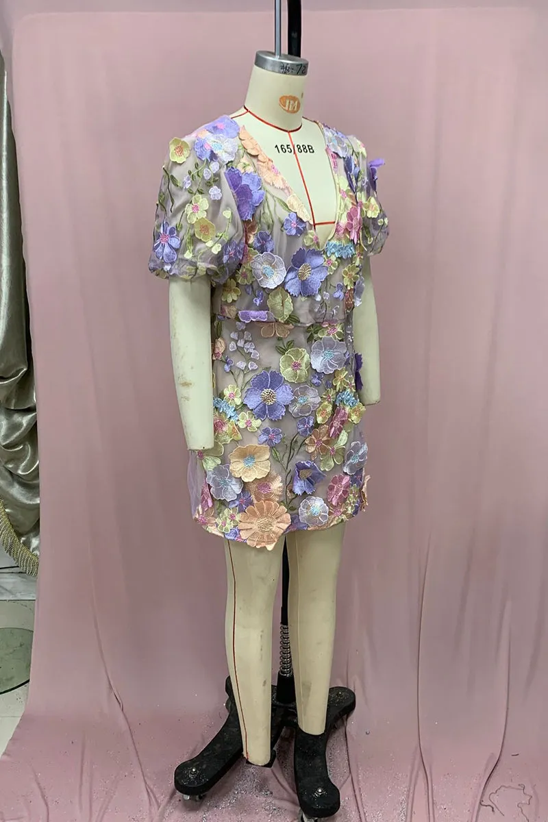 BT3056 Flower Embroidery Mini Dress