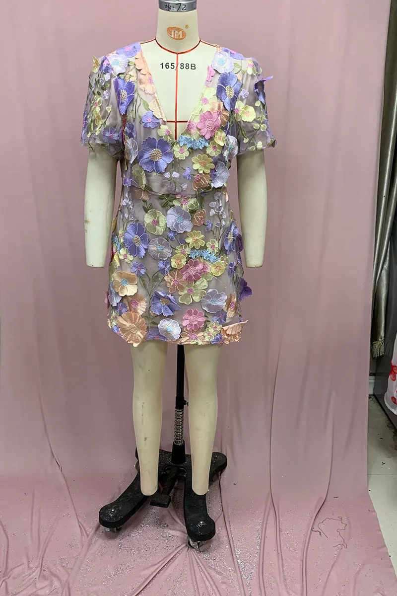 BT3056 Flower Embroidery Mini Dress