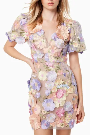 BT3056 Flower Embroidery Mini Dress