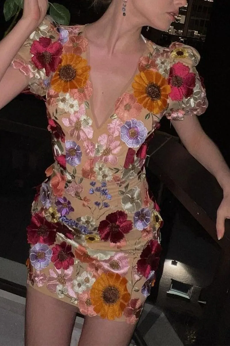 BT3056 Flower Embroidery Mini Dress