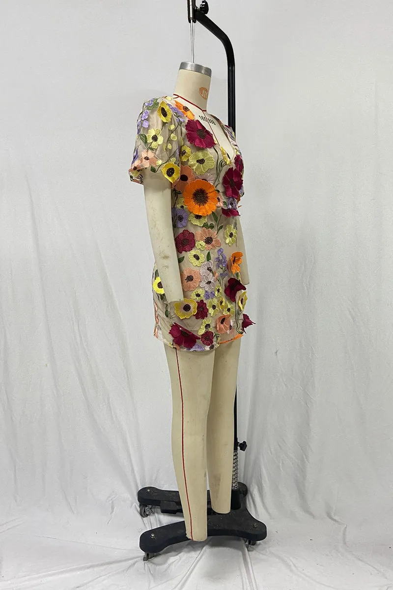 BT3056 Flower Embroidery Mini Dress
