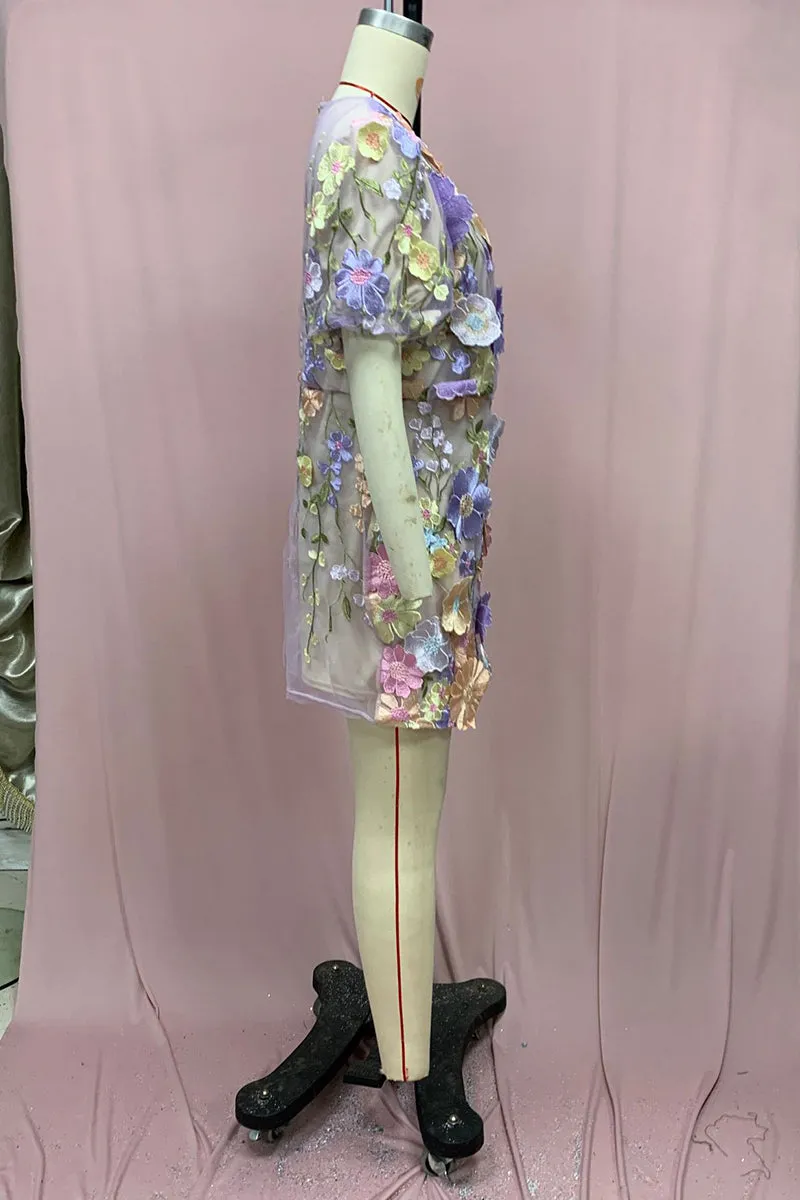 BT3056 Flower Embroidery Mini Dress
