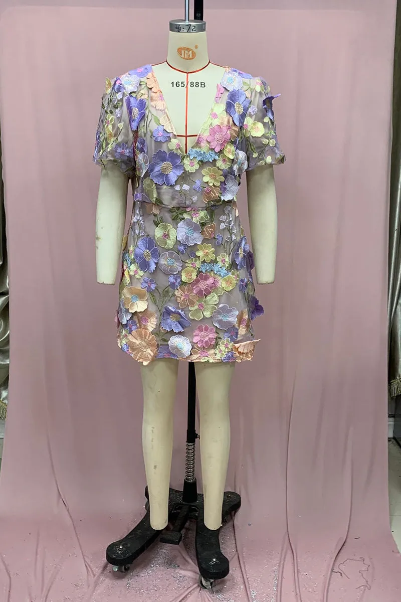 BT3056 Flower Embroidery Mini Dress