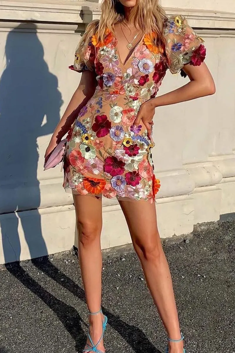 BT3056 Flower Embroidery Mini Dress